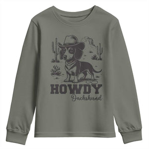 Funny Cowboy Dog Youth Sweatshirt Howdy Dachshund Vintage Western TS12 Military Green Print Your Wear