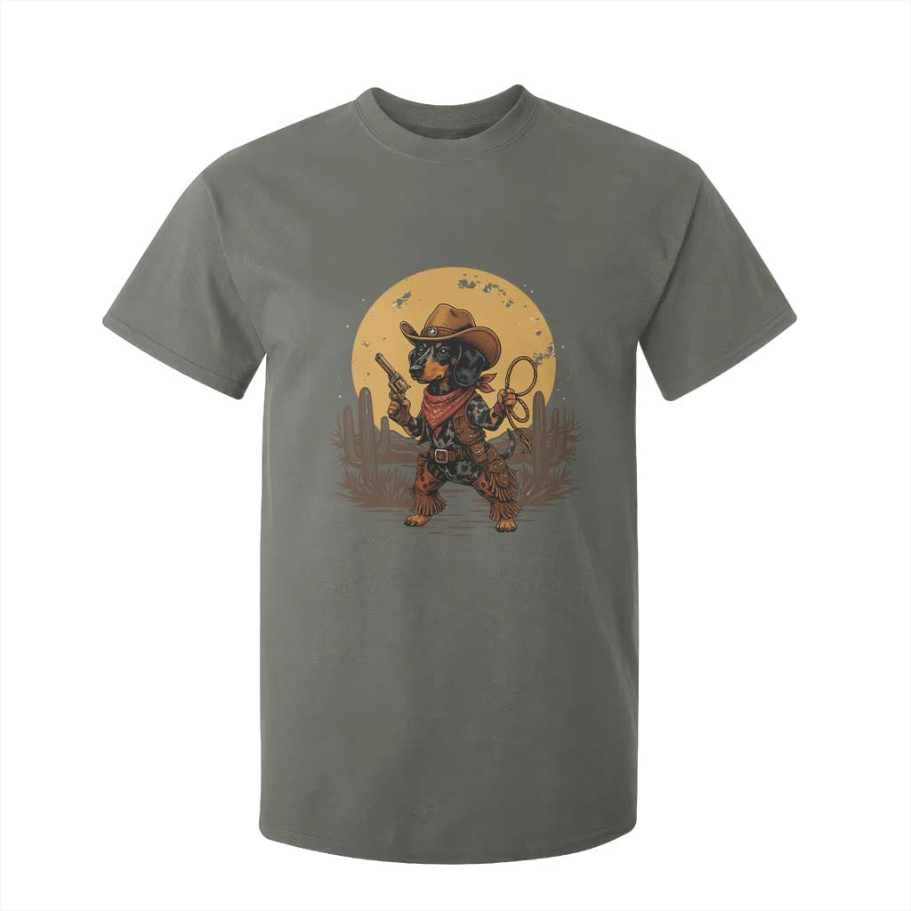 Funny Dachshund Cowboy T Shirt For Kid Western Wiener Dog TS12 Military Green Print Your Wear