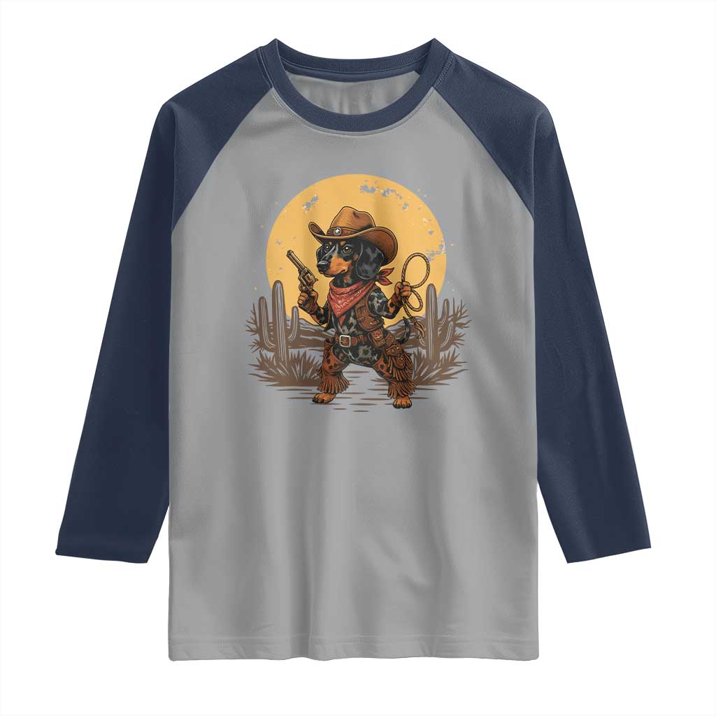 Funny Dachshund Cowboy Raglan Shirt Western Wiener Dog TS12 Sport Gray Navy Print Your Wear