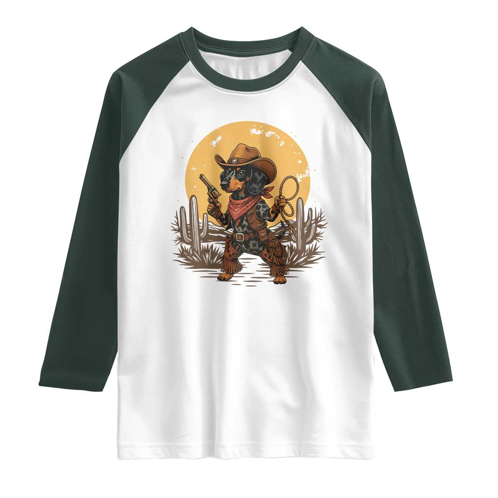 Funny Dachshund Cowboy Raglan Shirt Western Wiener Dog TS12 White Dark Forest Green Print Your Wear
