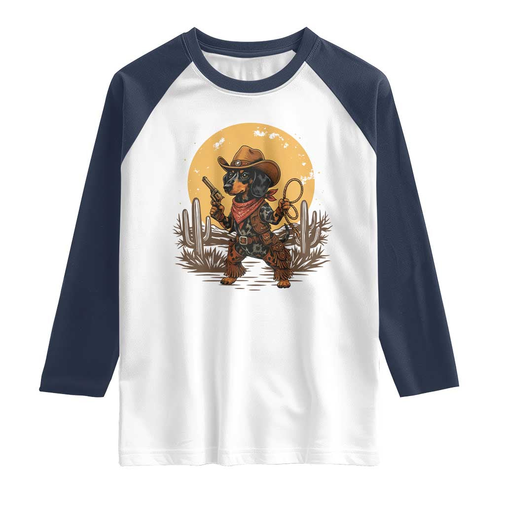 Funny Dachshund Cowboy Raglan Shirt Western Wiener Dog TS12 White Navy Print Your Wear