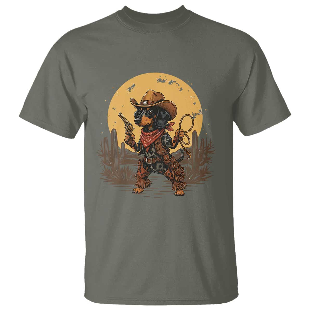 Funny Dachshund Cowboy T Shirt Western Wiener Dog TS12 Military Green Print Your Wear