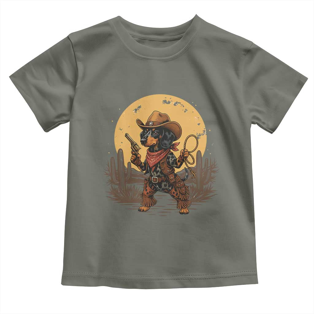 Funny Dachshund Cowboy Toddler T Shirt Western Wiener Dog TS12 Military Green Print Your Wear
