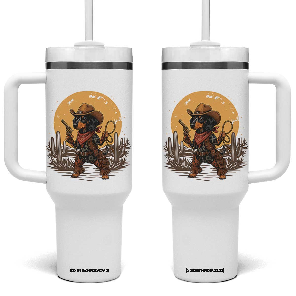 Funny Dachshund Cowboy Tumbler With Handle Western Wiener Dog TS12 One Size: 40 oz White Print Your Wear