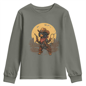 Funny Dachshund Cowboy Youth Sweatshirt Western Wiener Dog TS12 Military Green Print Your Wear