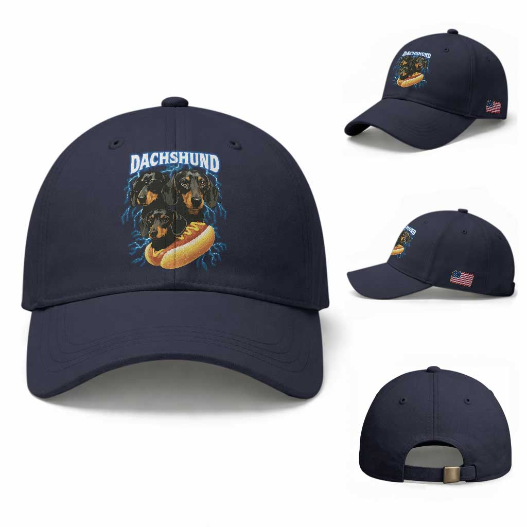 Dog Meme Baseball Cap Funny Dachshund Dog In A Hot Dog Costume TS12 Baseball Cap Universal Fit Navy Print Your Wear