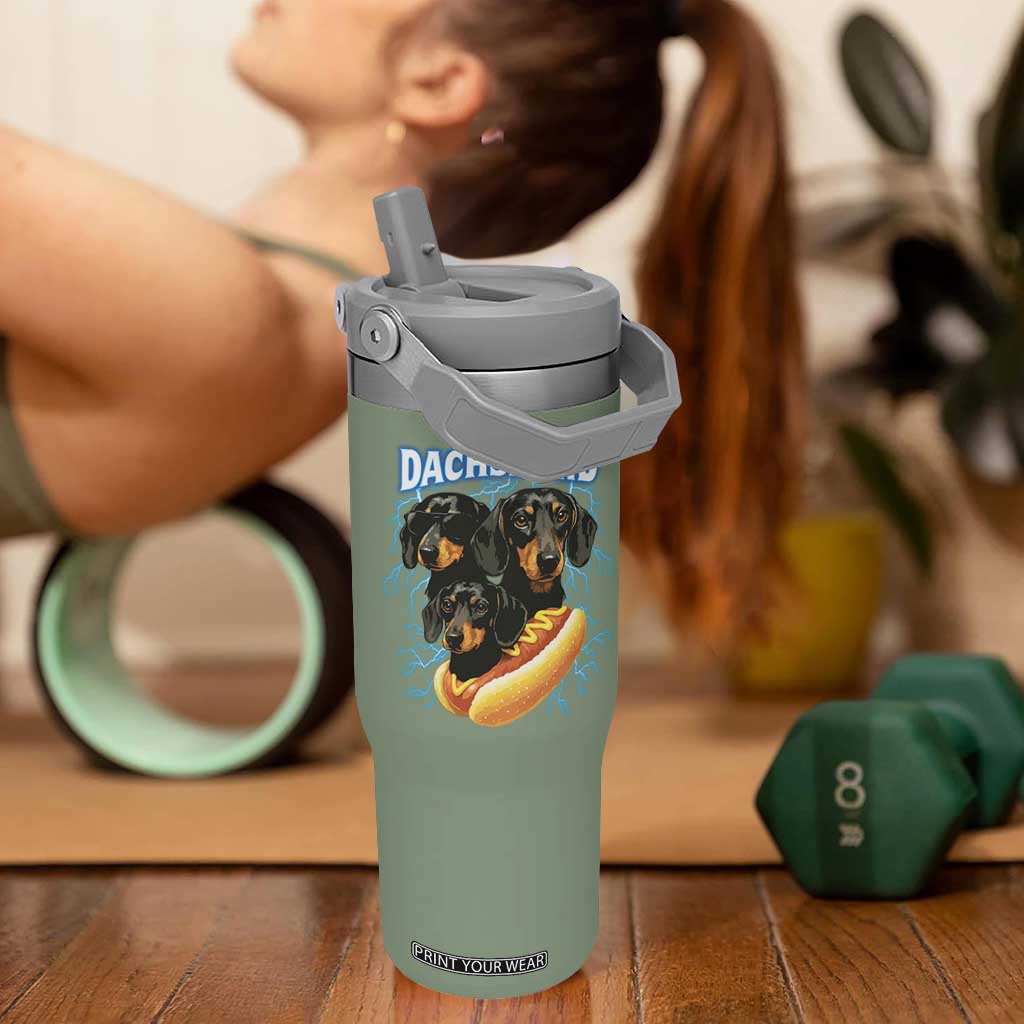 Dog Meme Flip Straw Tumbler Funny Dachshund Dog In A Hot Dog Costume TS12 One Size: 30 oz Moss Green Print Your Wear