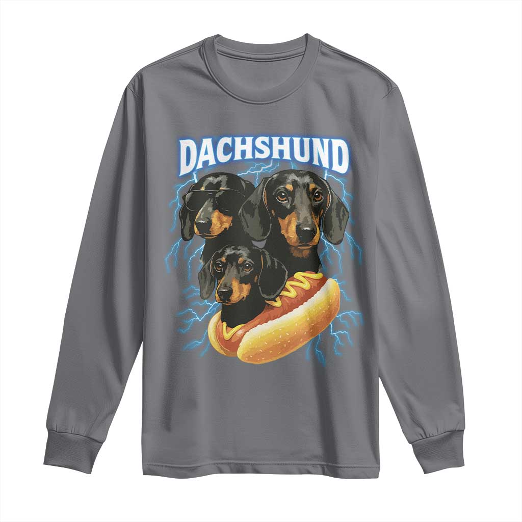 Dog Meme Long Sleeve Shirt Funny Dachshund Dog In A Hot Dog Costume TS12 Charcoal Print Your Wear