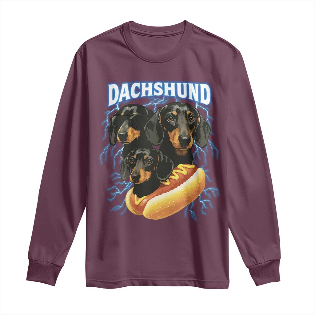 Dog Meme Long Sleeve Shirt Funny Dachshund Dog In A Hot Dog Costume TS12 Maroon Print Your Wear