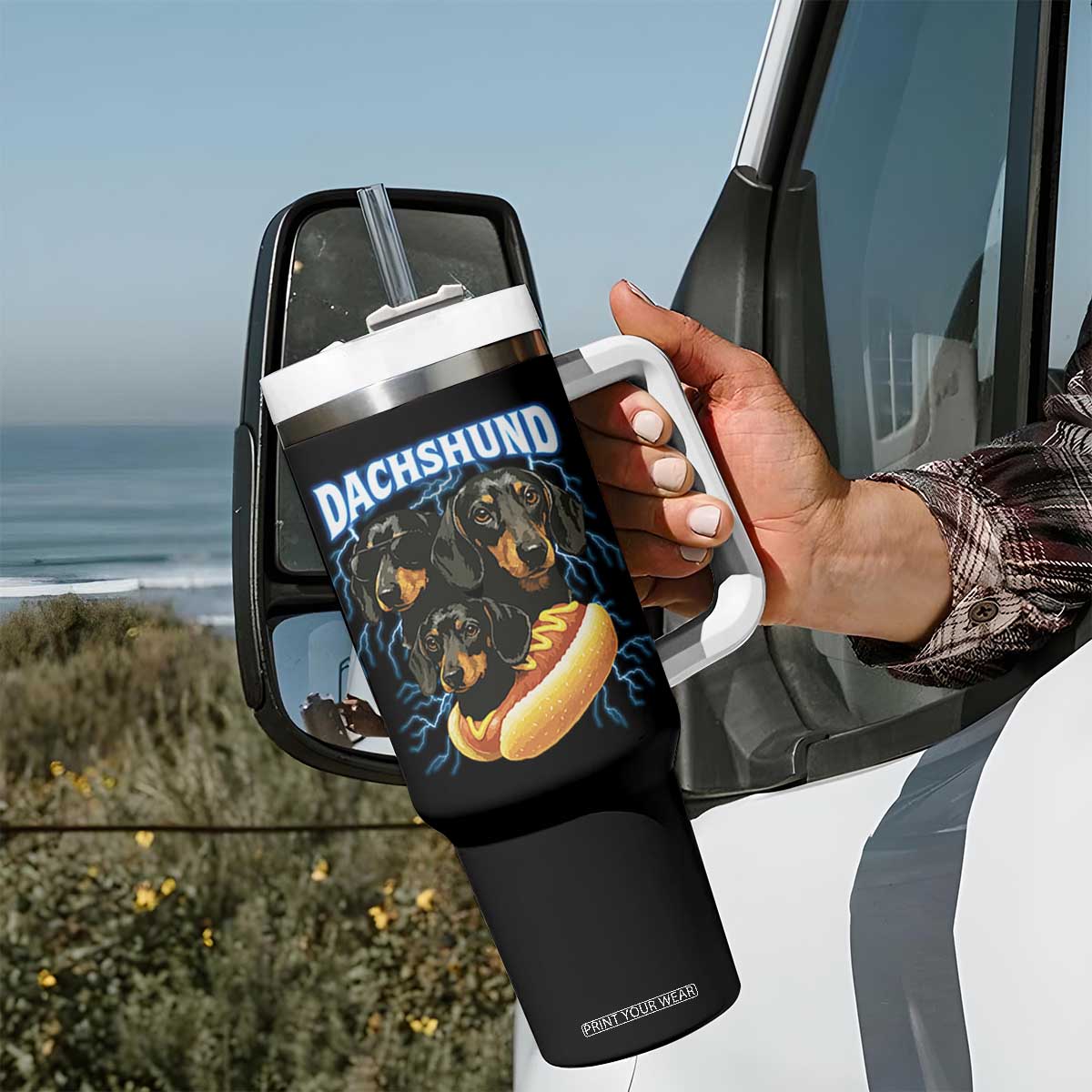 Dog Meme Tumbler With Handle Funny Dachshund Dog In A Hot Dog Costume TS12 Print Your Wear