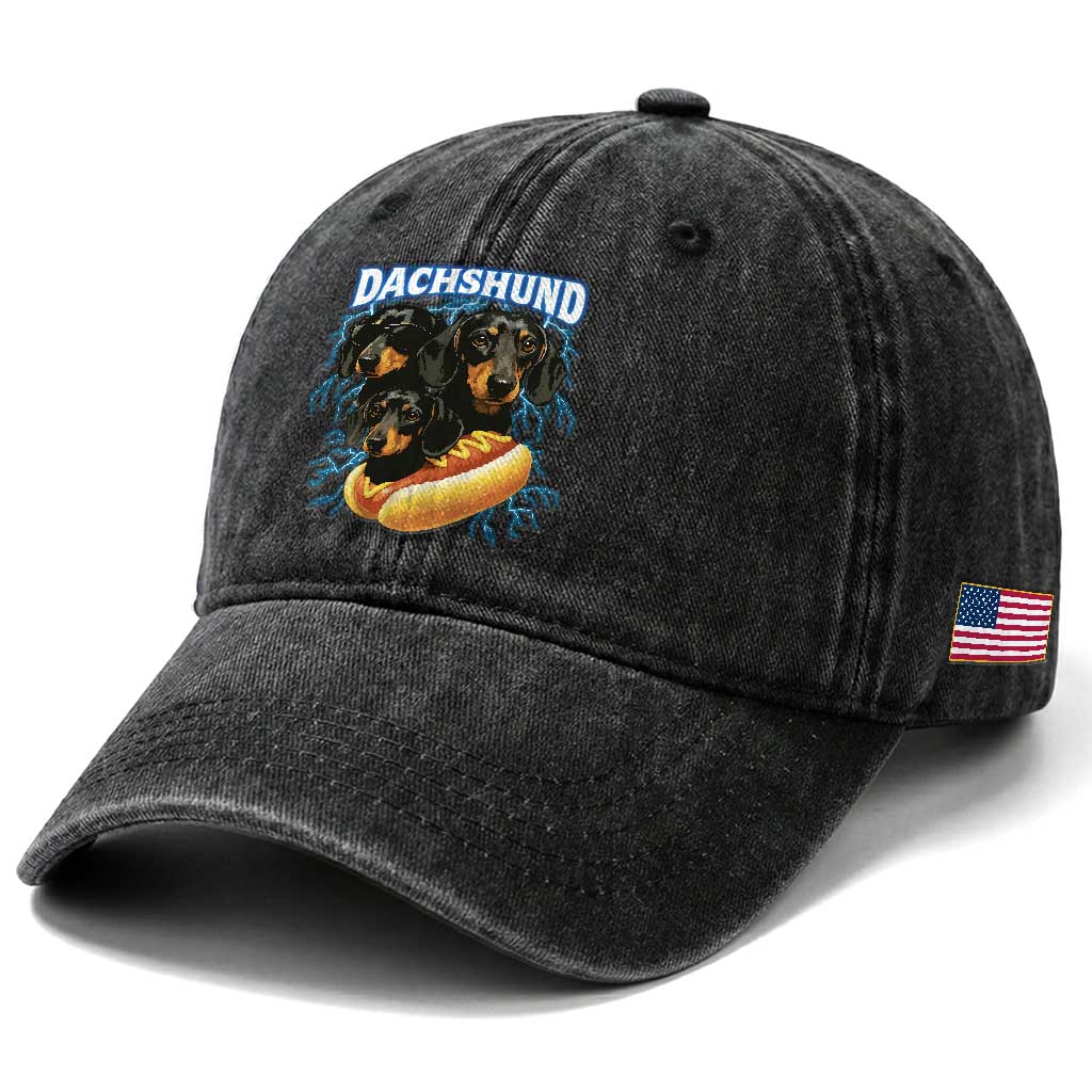 Dog Meme Washed Cotton Baseball Cap Funny Dachshund Dog In A Hot Dog Costume TS12 Print Your Wear