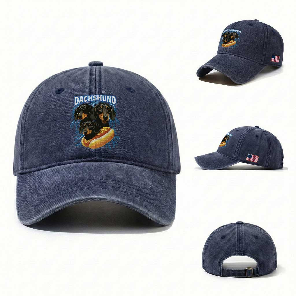 Dog Meme Washed Cotton Baseball Cap Funny Dachshund Dog In A Hot Dog Costume TS12 Washed Cap Universal Fit Navy Print Your Wear