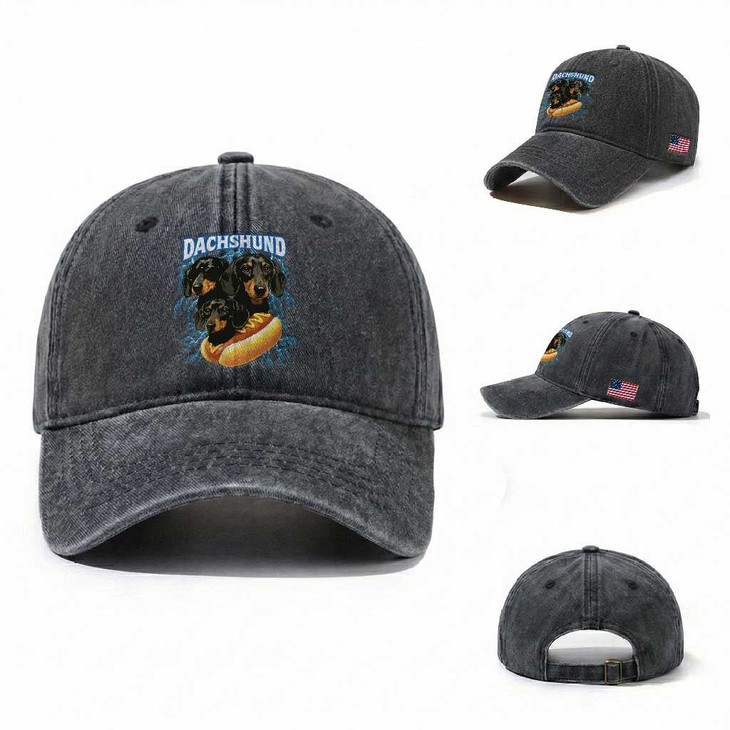 Dog Meme Washed Cotton Baseball Cap Funny Dachshund Dog In A Hot Dog Costume TS12 Washed Cap Universal Fit Dark Gray Print Your Wear