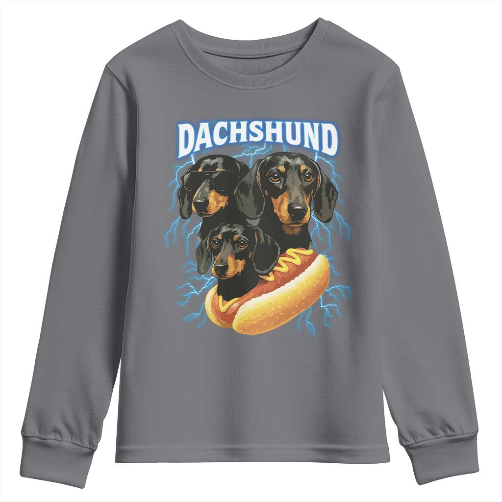 Dog Meme Youth Sweatshirt Funny Dachshund Dog In A Hot Dog Costume TS12 Charcoal Print Your Wear