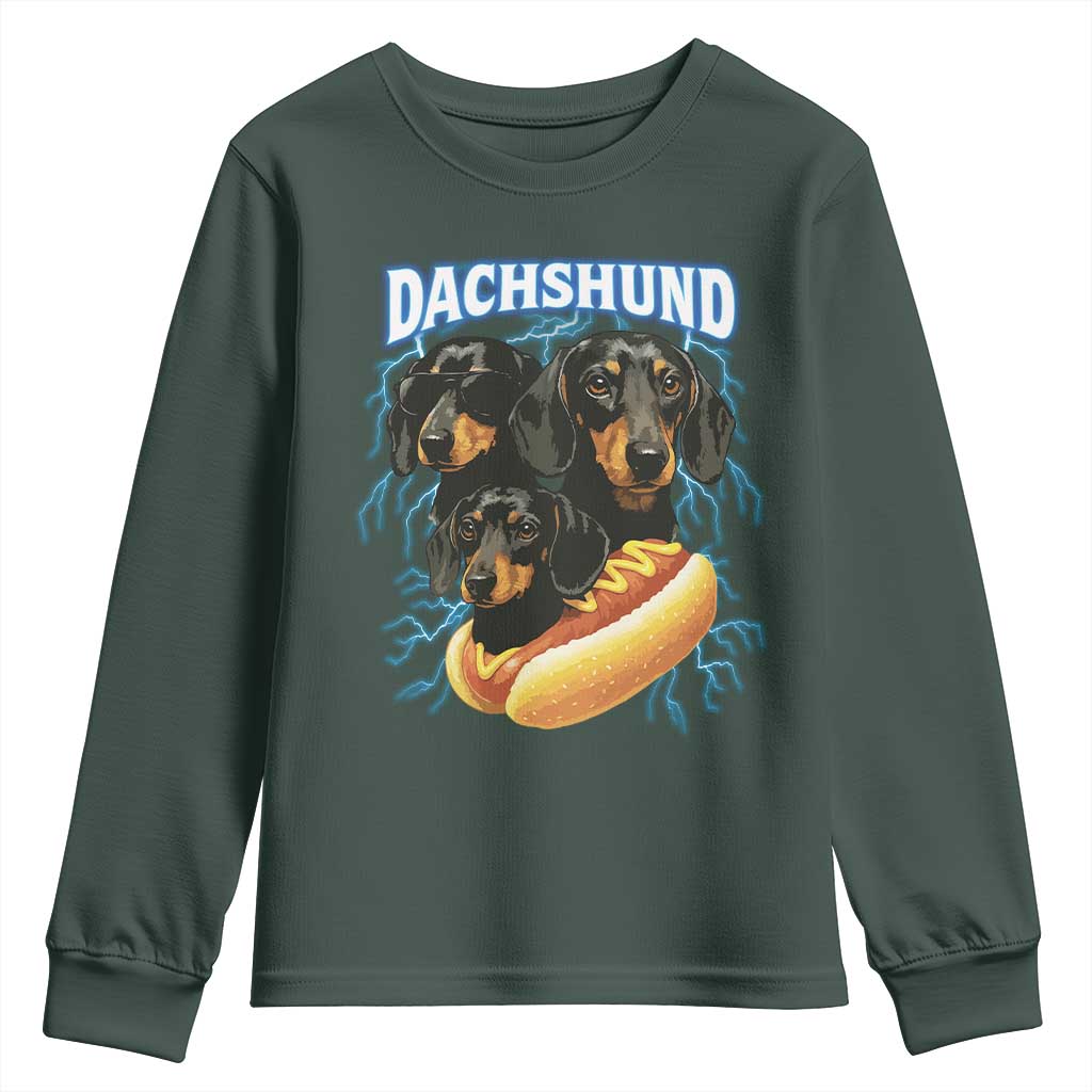 Dog Meme Youth Sweatshirt Funny Dachshund Dog In A Hot Dog Costume TS12 Dark Forest Green Print Your Wear