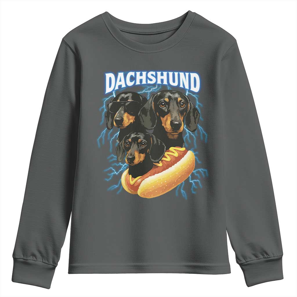 Dog Meme Youth Sweatshirt Funny Dachshund Dog In A Hot Dog Costume TS12 Dark Heather Print Your Wear