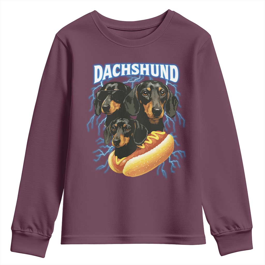 Dog Meme Youth Sweatshirt Funny Dachshund Dog In A Hot Dog Costume TS12 Maroon Print Your Wear
