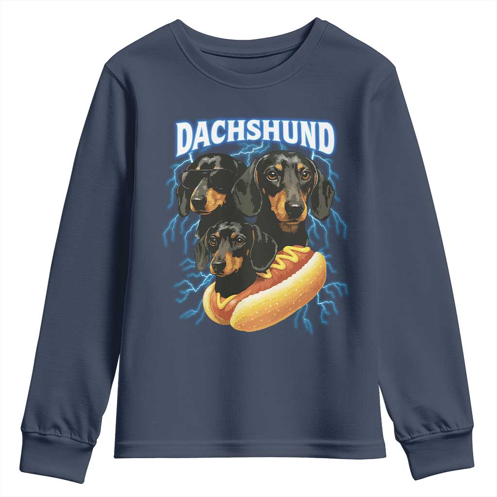 Dog Meme Youth Sweatshirt Funny Dachshund Dog In A Hot Dog Costume TS12 Navy Print Your Wear