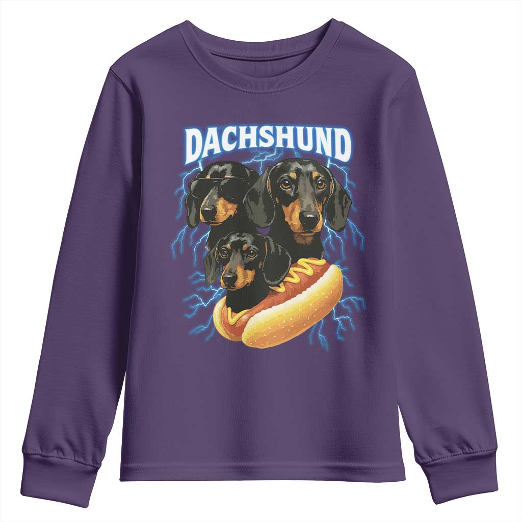 Dog Meme Youth Sweatshirt Funny Dachshund Dog In A Hot Dog Costume TS12 Purple Print Your Wear