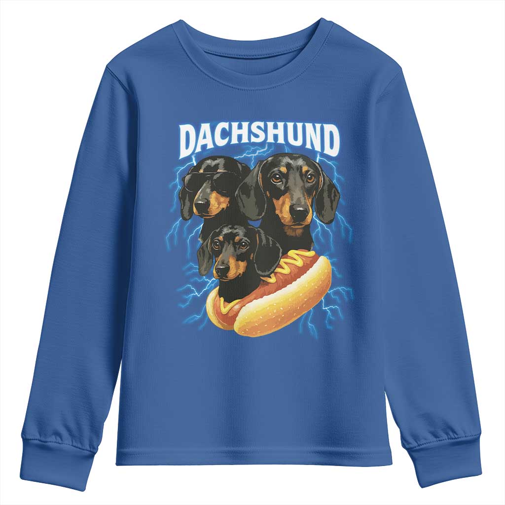 Dog Meme Youth Sweatshirt Funny Dachshund Dog In A Hot Dog Costume TS12 Royal Blue Print Your Wear