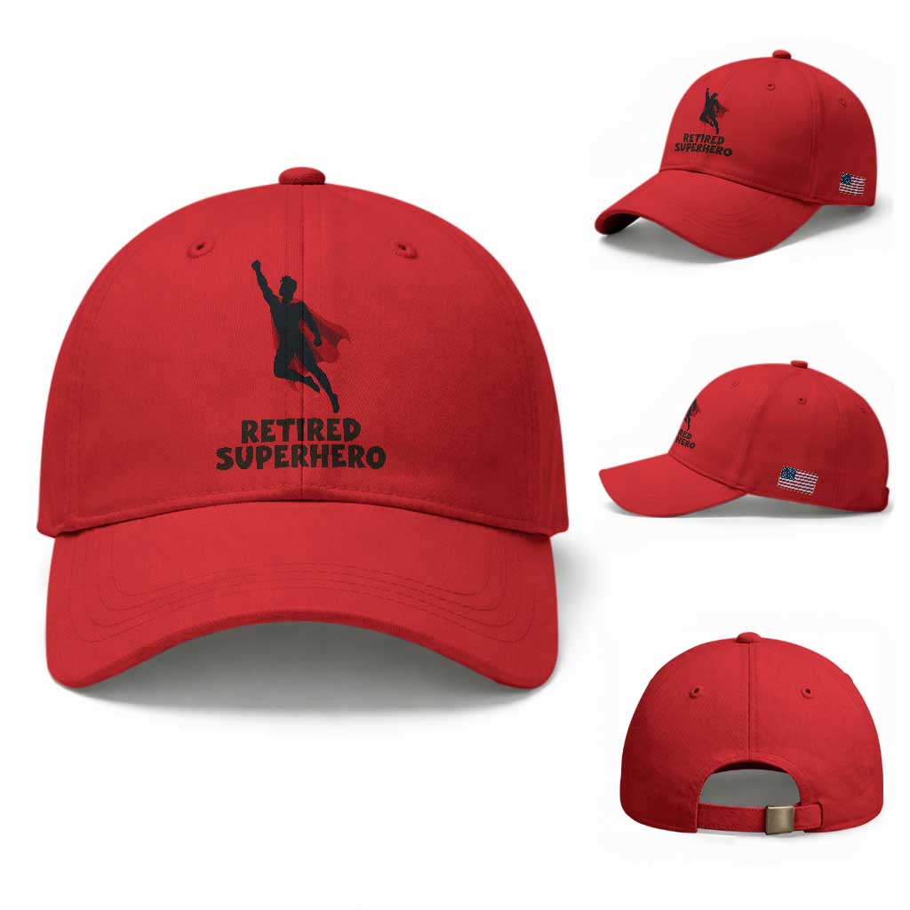 Retired Superhero Retirement Gift Baseball Cap Flying Red Cape Silhouette Graphic