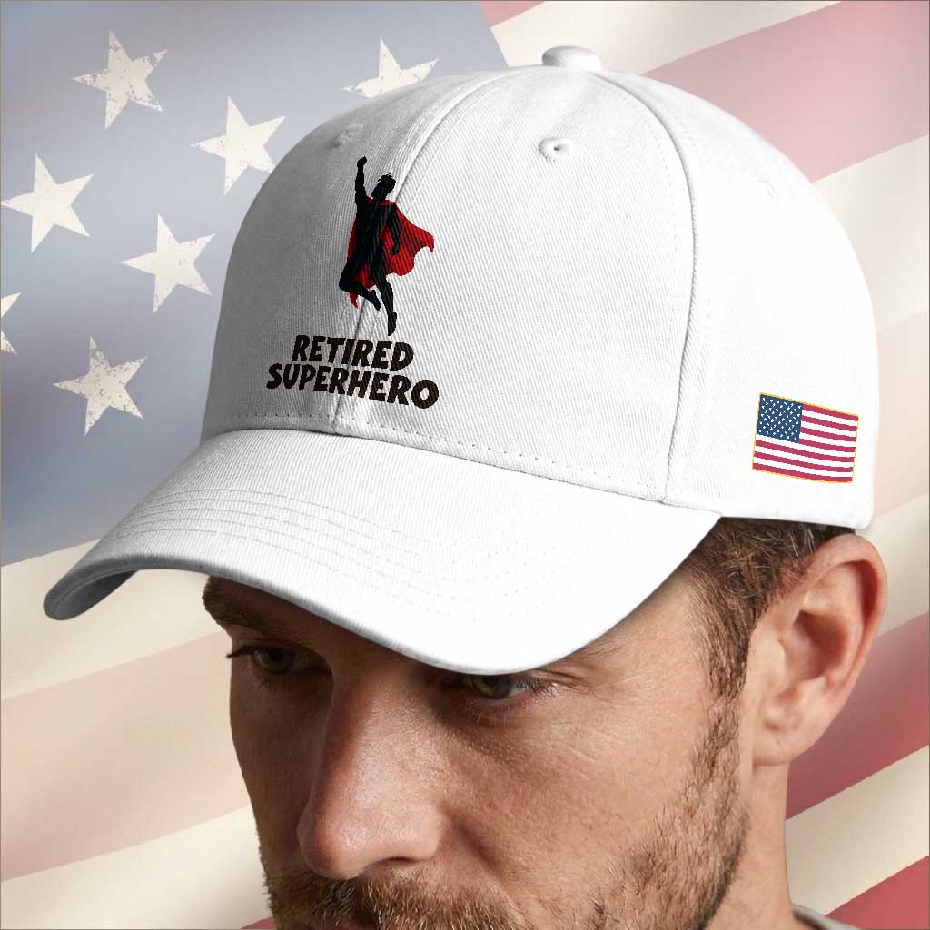 Retired Superhero Retirement Gift Baseball Cap Flying Red Cape Silhouette Graphic