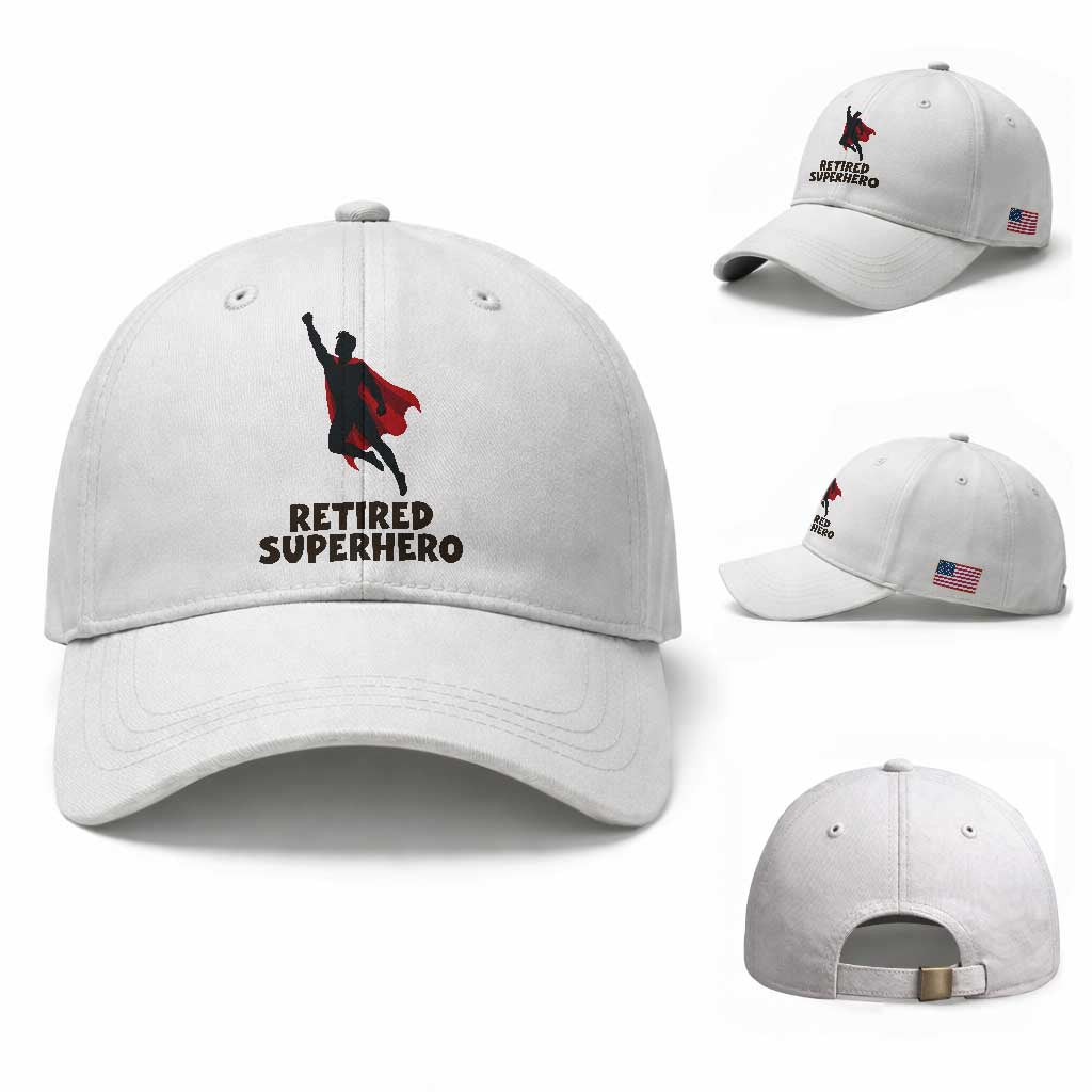 Retired Superhero Retirement Gift Baseball Cap Flying Red Cape Silhouette Graphic