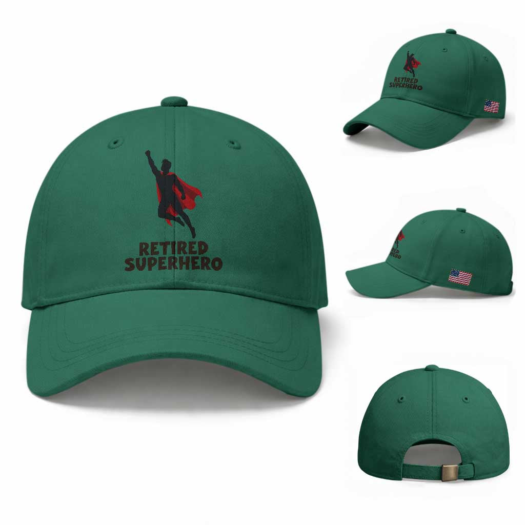 Retired Superhero Retirement Gift Baseball Cap Flying Red Cape Silhouette Graphic