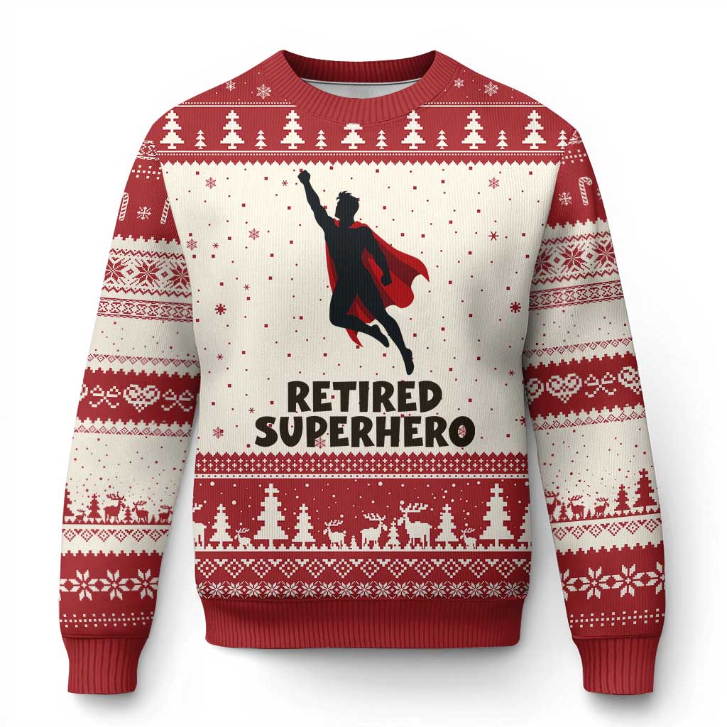 Retired Superhero Retirement Gift Ugly Christmas Sweater Flying Red Cape Silhouette Graphic