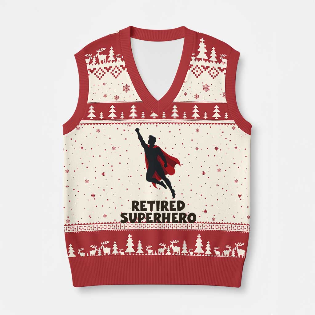 Retired Superhero Retirement Gift V-Neck Knit Sweater Vest Flying Red Cape Silhouette Graphic
