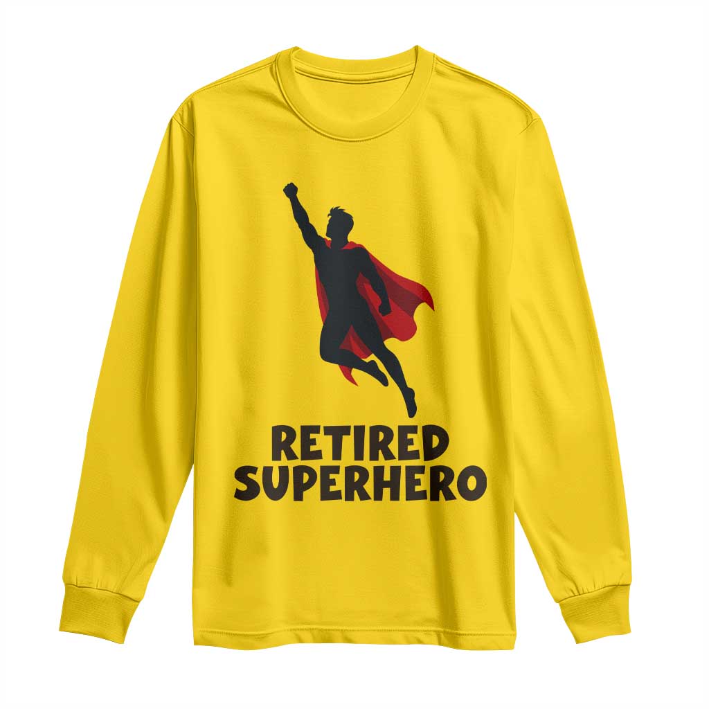 Retired Superhero Retirement Gift Long Sleeve Shirt Flying Red Cape Silhouette Graphic