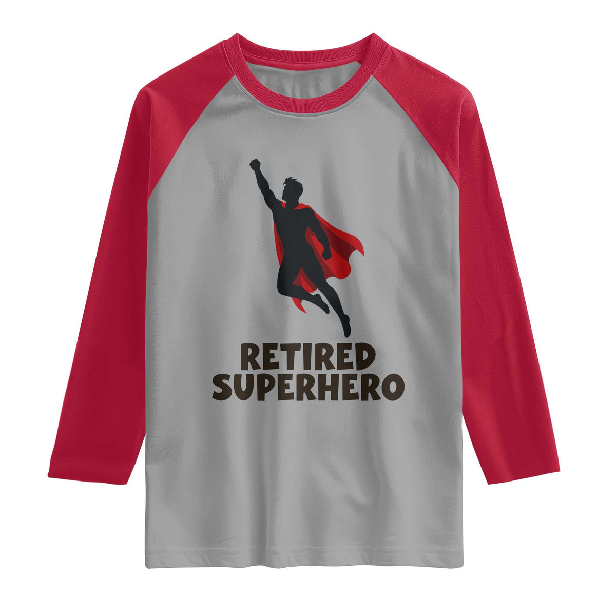 Retired Superhero Retirement Gift Raglan Shirt Flying Red Cape Silhouette Graphic