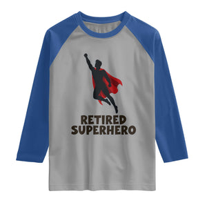 Retired Superhero Retirement Gift Raglan Shirt Flying Red Cape Silhouette Graphic