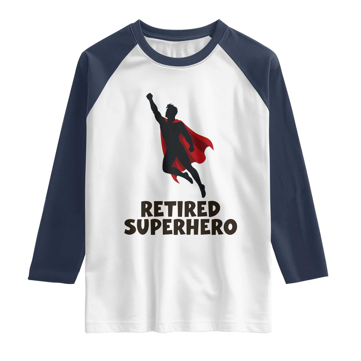 Retired Superhero Retirement Gift Raglan Shirt Flying Red Cape Silhouette Graphic