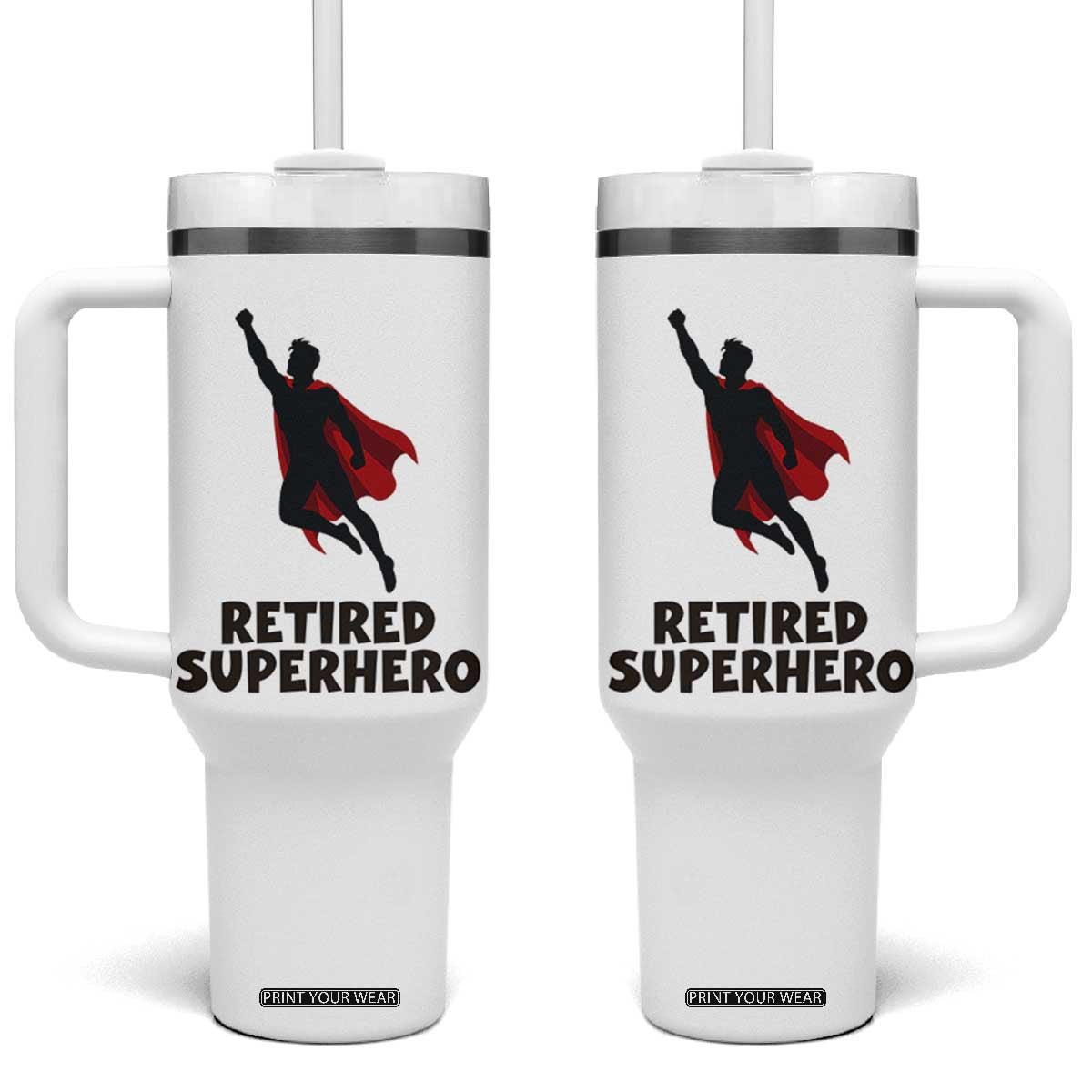 Retired Superhero Retirement Gift Tumbler With Handle Flying Red Cape Silhouette Graphic TS12 One Size: 40 oz White Print Your Wear