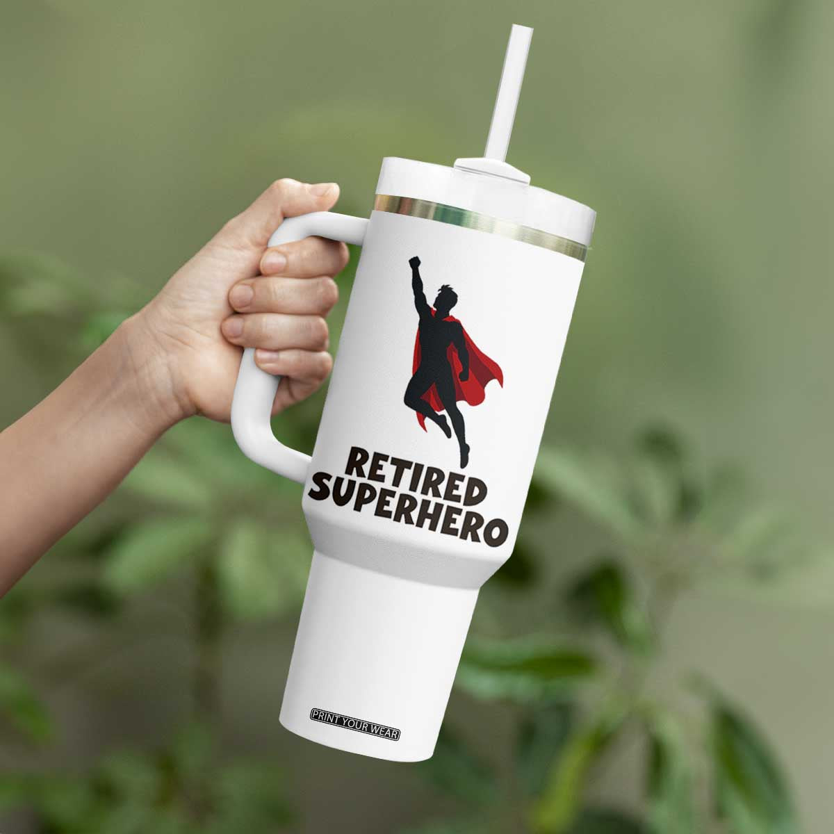 Retired Superhero Retirement Gift Tumbler With Handle Flying Red Cape Silhouette Graphic TS12 Print Your Wear