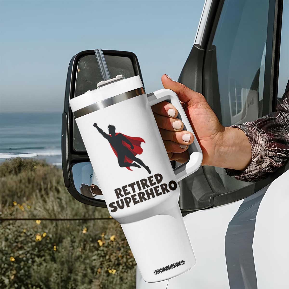 Retired Superhero Retirement Gift Tumbler With Handle Flying Red Cape Silhouette Graphic TS12 Print Your Wear