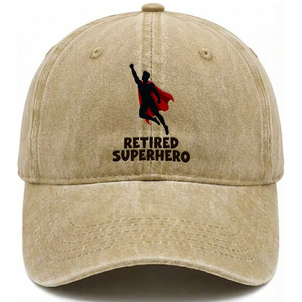 Retired Superhero Retirement Gift Washed Cotton Baseball Cap Flying Red Cape Silhouette Graphic