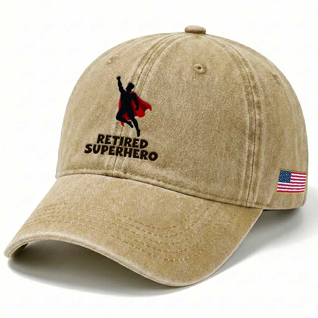 Retired Superhero Retirement Gift Washed Cotton Baseball Cap Flying Red Cape Silhouette Graphic