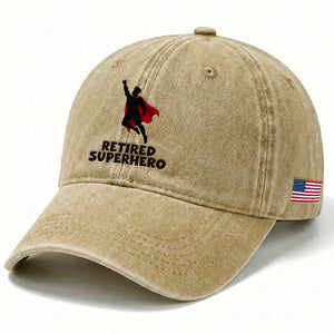 Retired Superhero Retirement Gift Washed Cotton Baseball Cap Flying Red Cape Silhouette Graphic
