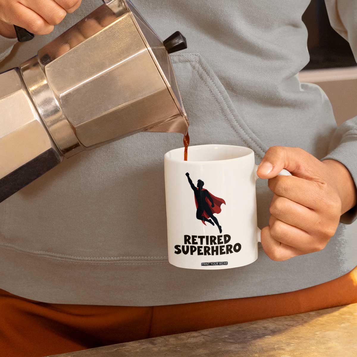 Retired Superhero Retirement Gift Coffee Mug Flying Red Cape Silhouette Graphic TS12 Print Your Wear