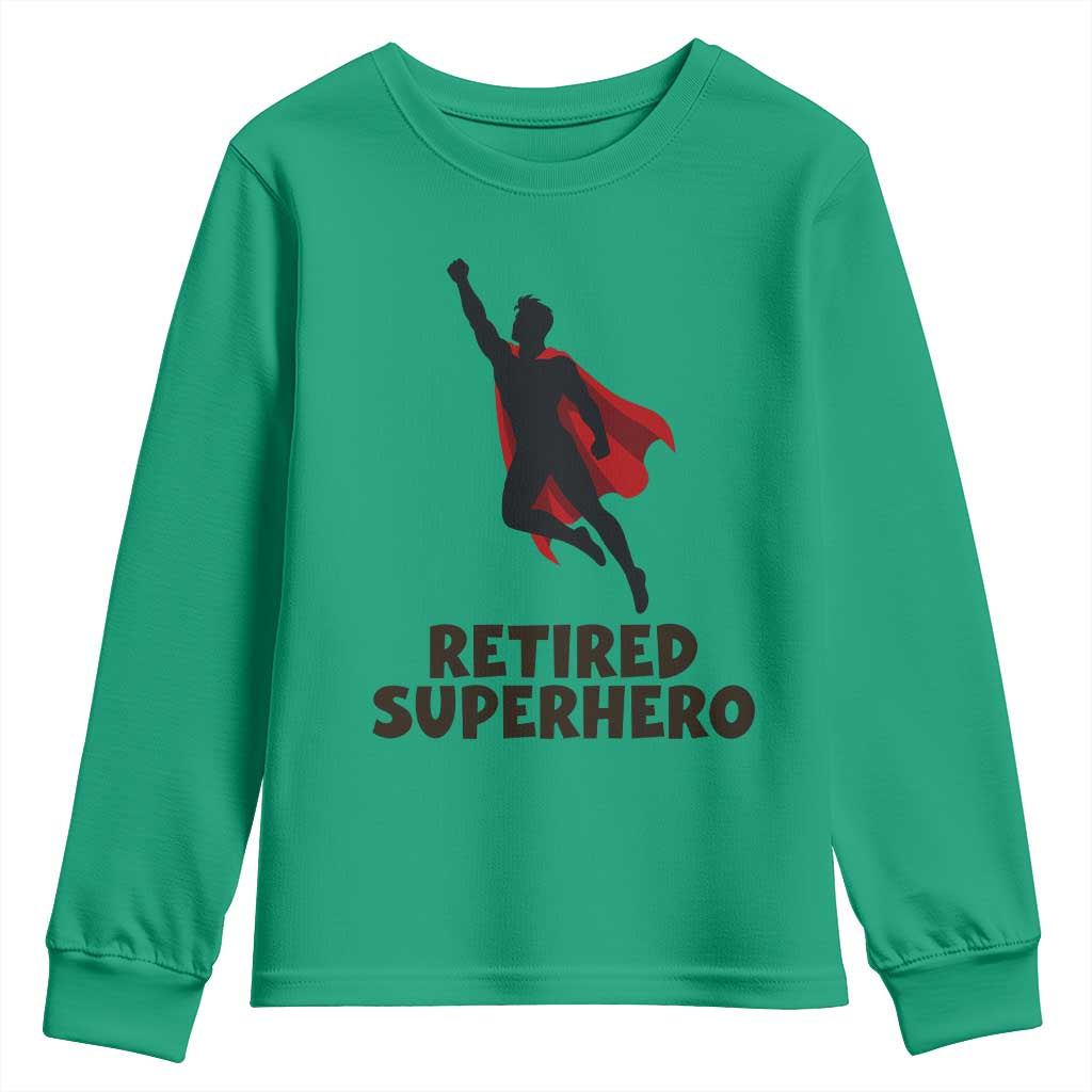 Retired Superhero Retirement Gift Youth Sweatshirt Flying Red Cape Silhouette Graphic