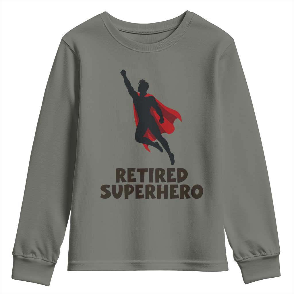 Retired Superhero Retirement Gift Youth Sweatshirt Flying Red Cape Silhouette Graphic