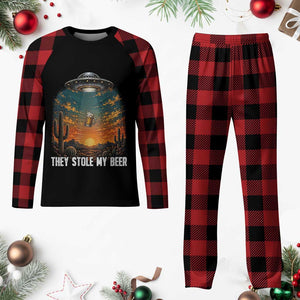 They Stole My Beer Plaid Pajama Set Funny UFO Abducting Beer Mug Vintage Western Gift