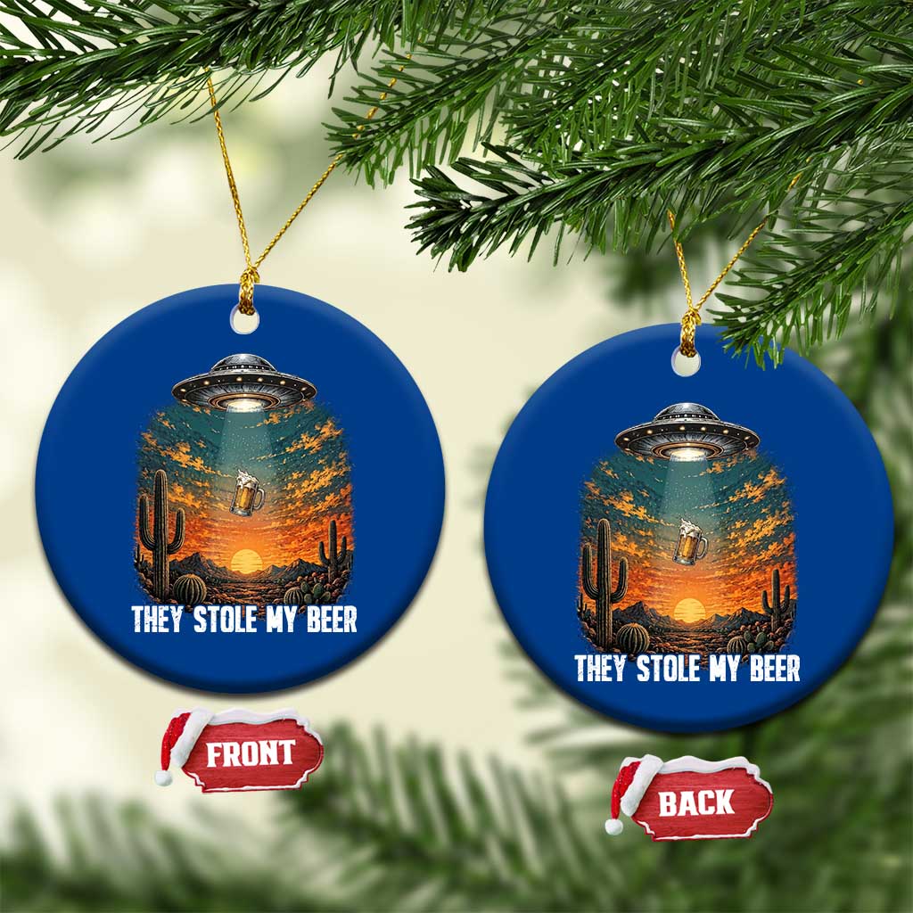 They Stole My Beer Ceramic Ornament Funny UFO Abducting Beer Mug Vintage Western Gift
