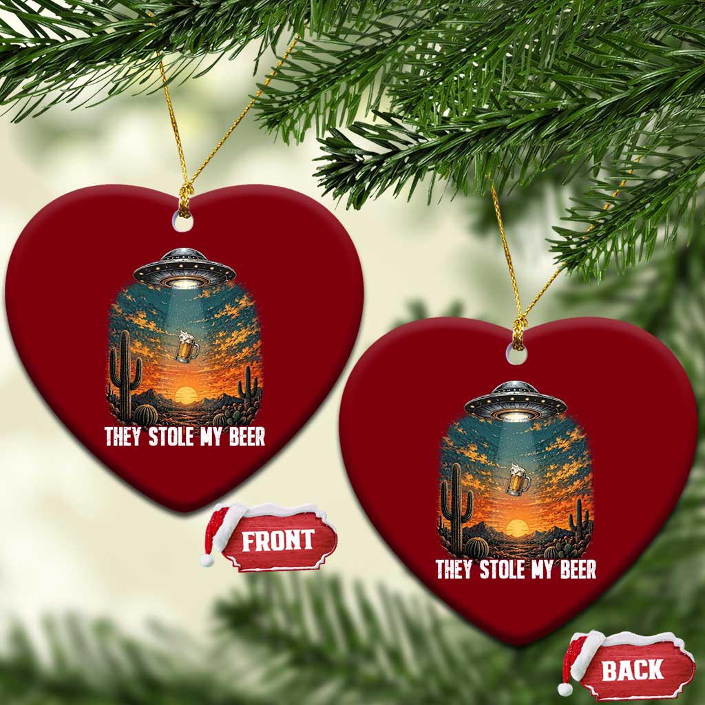 They Stole My Beer Ceramic Ornament Funny UFO Abducting Beer Mug Vintage Western Gift