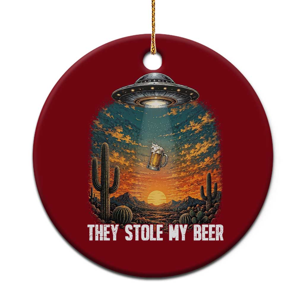 They Stole My Beer Ceramic Ornament Funny UFO Abducting Beer Mug Vintage Western Gift