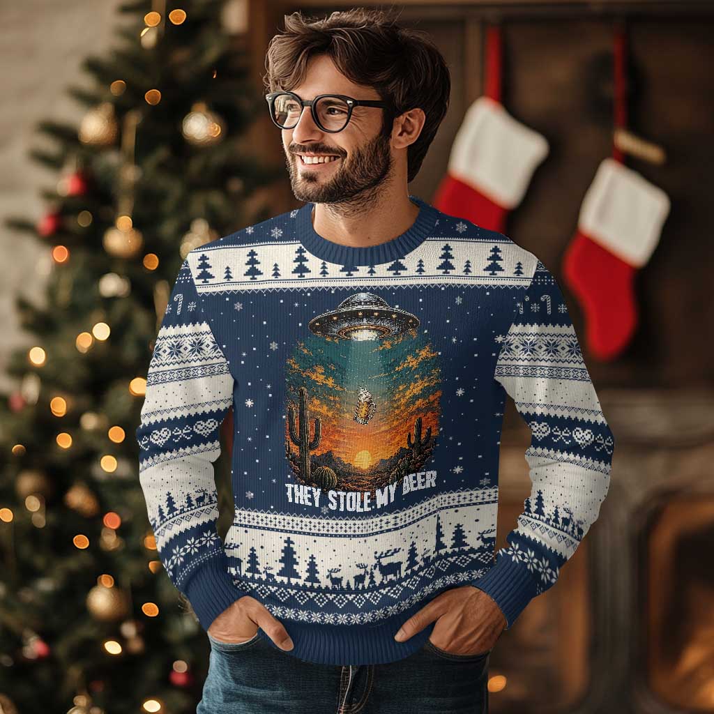 They Stole My Beer Ugly Christmas Sweater Funny UFO Abducting Beer Mug Vintage Western Gift
