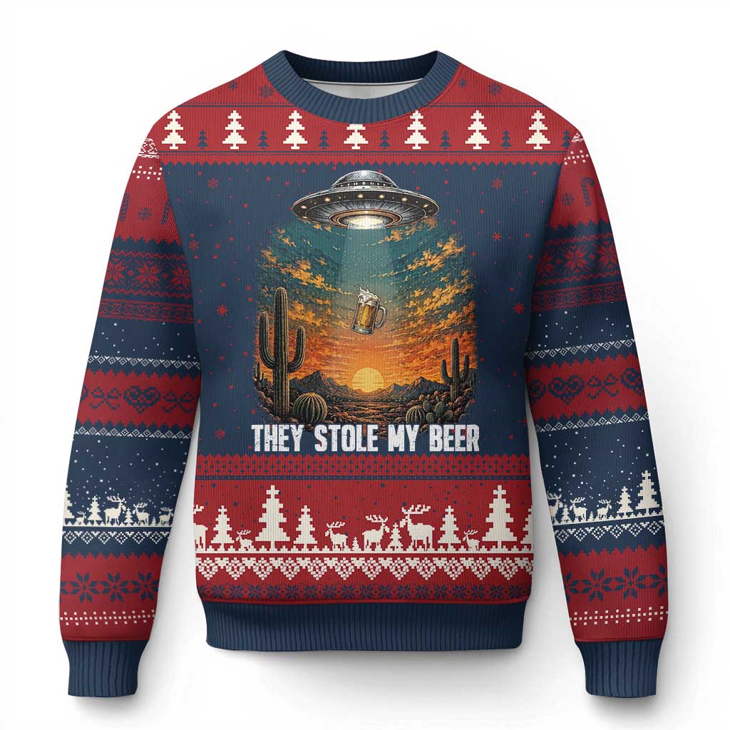 They Stole My Beer Ugly Christmas Sweater Funny UFO Abducting Beer Mug Vintage Western Gift
