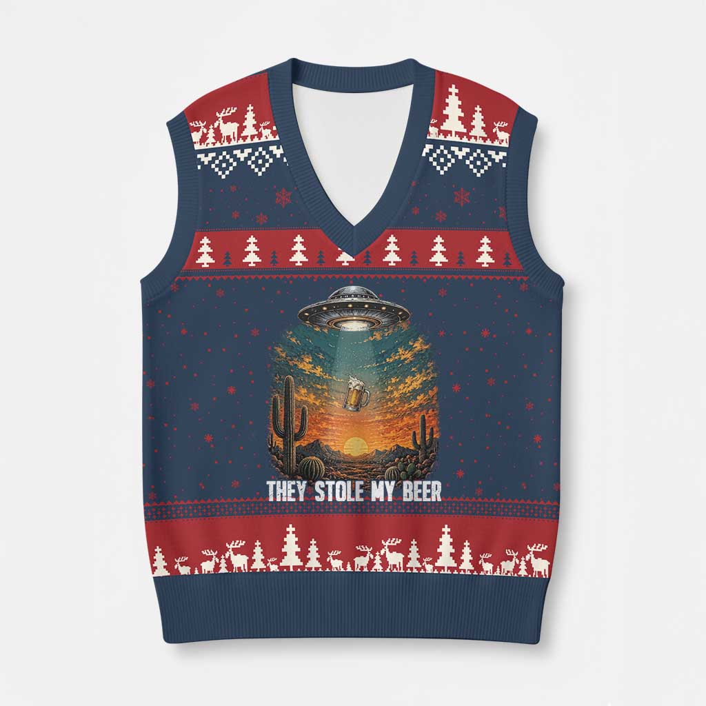 They Stole My Beer V-Neck Knit Sweater Vest Funny UFO Abducting Beer Mug Vintage Western Gift TS12 Navy Red Print Your Wear